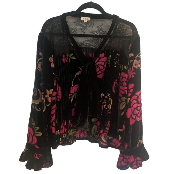 POL Button Blouse Women M Velvet Burnout Floral Ruffle Pleats Lace Feminine Top - Picture 1 of 12